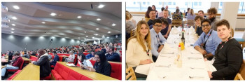 The audience during the welcoming speech (left); the QMCUR group at the BCUR dinner (right)