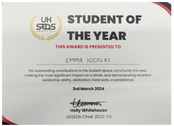 Emma Nicolai's award certificate of "Student of the Year" assigned by UKSEDS.